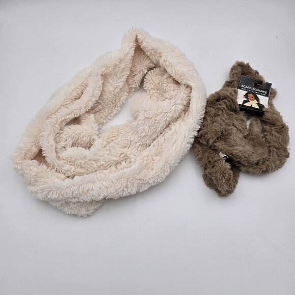 Posh Plush Infinity & Classic Faux Fur Scarves Beige & Taupe Polyester Bundle - Picture 1 of 8